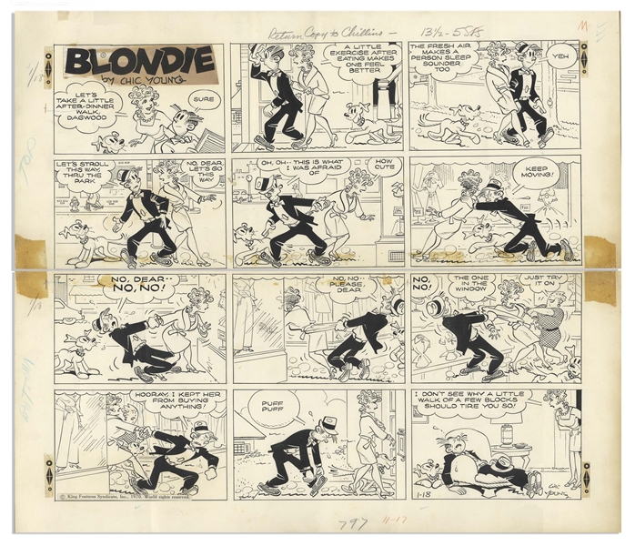Chic Young Hand-Drawn ''Blondie'' Sunday Comic Strip From 1970 -- Featuring Blondie, Dagwood & Daisy